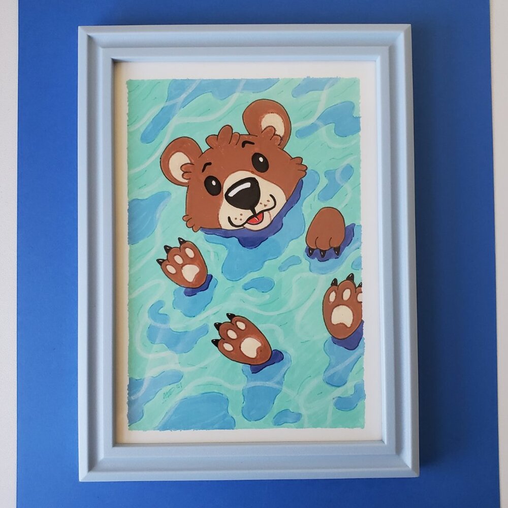 Original Cute Cartoon River Floating Brown Bear Cub 5×7 Framed Acrylic Painting